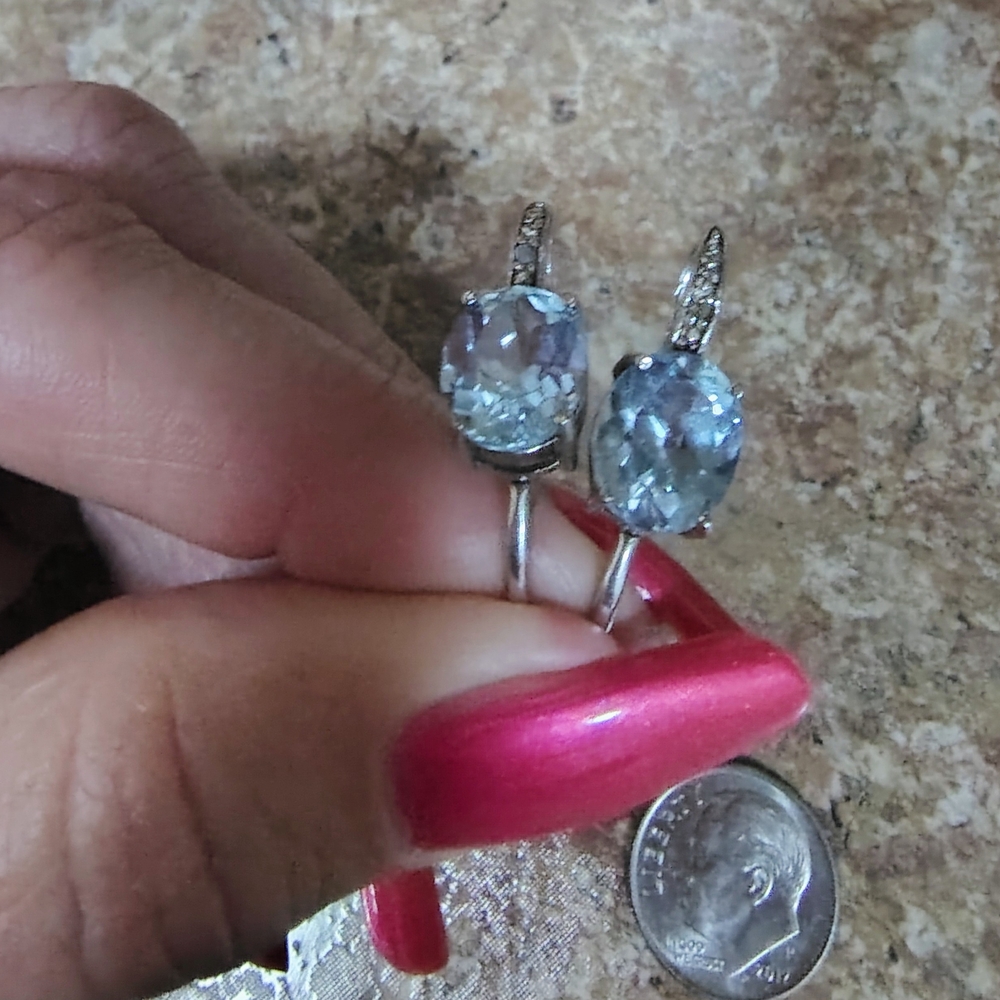 Silver Tone Dangle Drop Earrings with Oval Blue Stones and Hook Closure